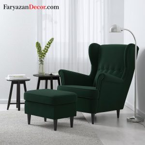 صندلی راحتی کلاسیک پشت بلند ایکیا مدل STRANDMON رویه پارچه رنگ سبز تیره